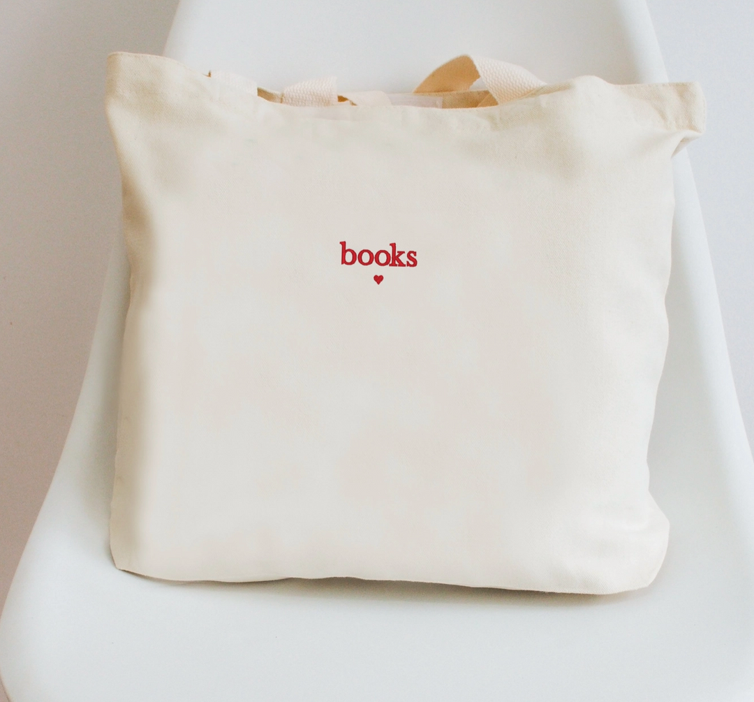Books Embroidered Tote Bag with top clasp